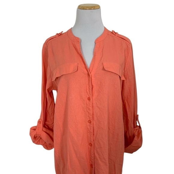 Calvin Klein Linen Blend Shirt Dress Women’s 10 Coral Roll Tab Sleeves Buttons - Picture 1 of 16